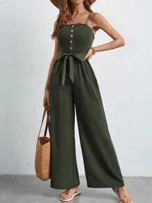 SHEIN Frenchy Áo liền quần nữ Thắt lưng Nút viền lá sen Dải chun màu trơn Giải trí - xanh quân đội - Xem 5