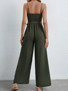 SHEIN Frenchy Áo liền quần nữ Thắt lưng Nút viền lá sen Dải chun màu trơn Giải trí - xanh quân đội - Xem 7