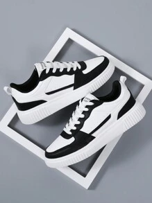 男士时尚休闲系带运动鞋滑板鞋时尚街头潮流鞋 - 黑與白 - 查看 3