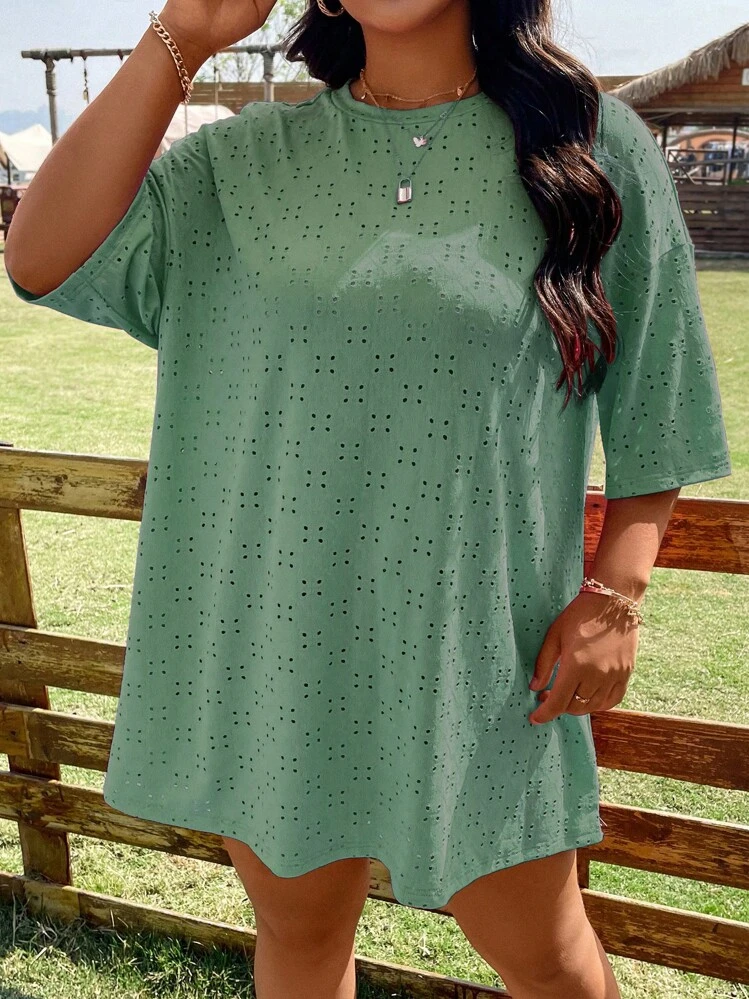 Flirla Plus Eyelet Embroidery Drop Shoulder Tee - Green - View 1