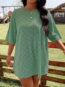 Flirla Camiseta de hombros caídos con bordado con ojal - Verde - Ver 3