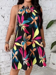 SHEIN Holidaya Plus Plants Print Halter Neck Dress - Multicolor - View 5