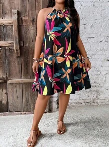 SHEIN Holidaya Plus Plants Print Halter Neck Dress - Multicolor - View 6