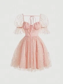 SHEIN MOD 心形领褶饰泡泡袖网眼连衣裙 - 淺粉色 - 查看 1