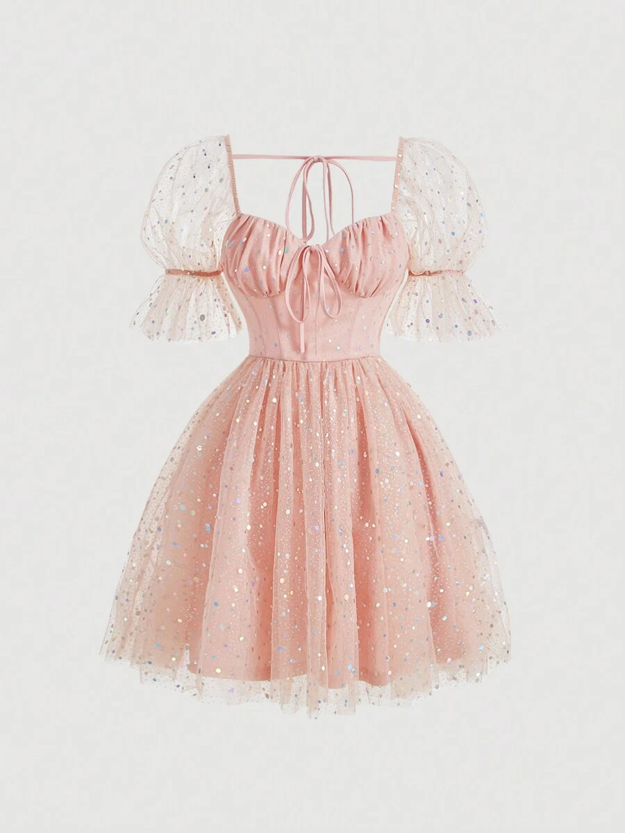 SHEIN MOD 心形领褶饰泡泡袖网眼连衣裙 - 淺粉色 - 查看 1