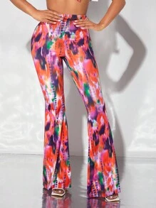 SHEIN SXY Tie Dye Print Flare Leg Trousers - Multicolor - View 3