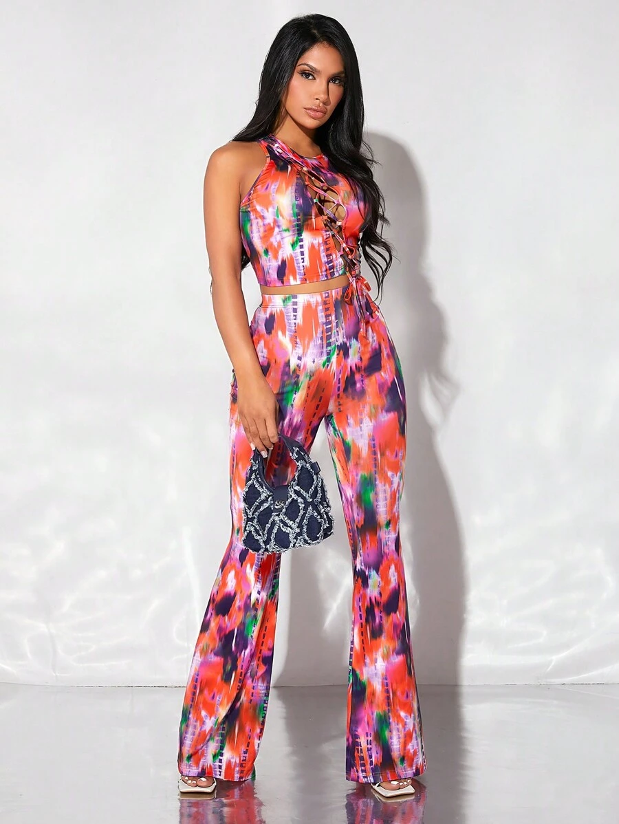 SHEIN SXY Tie Dye Print Flare Leg Trousers - Multicolor - View 1