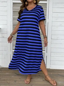 SHEIN LUNE Plus Striped Print Split Hem Tee Dress - Blue - View 1
