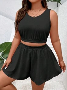 SHEIN Unity Bộ thời trang Plus Size màu trơn Giải trí - màu đen - Xem 5