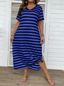 SHEIN LUNE Plus Striped Print Split Hem Tee Dress - Blue - View 4