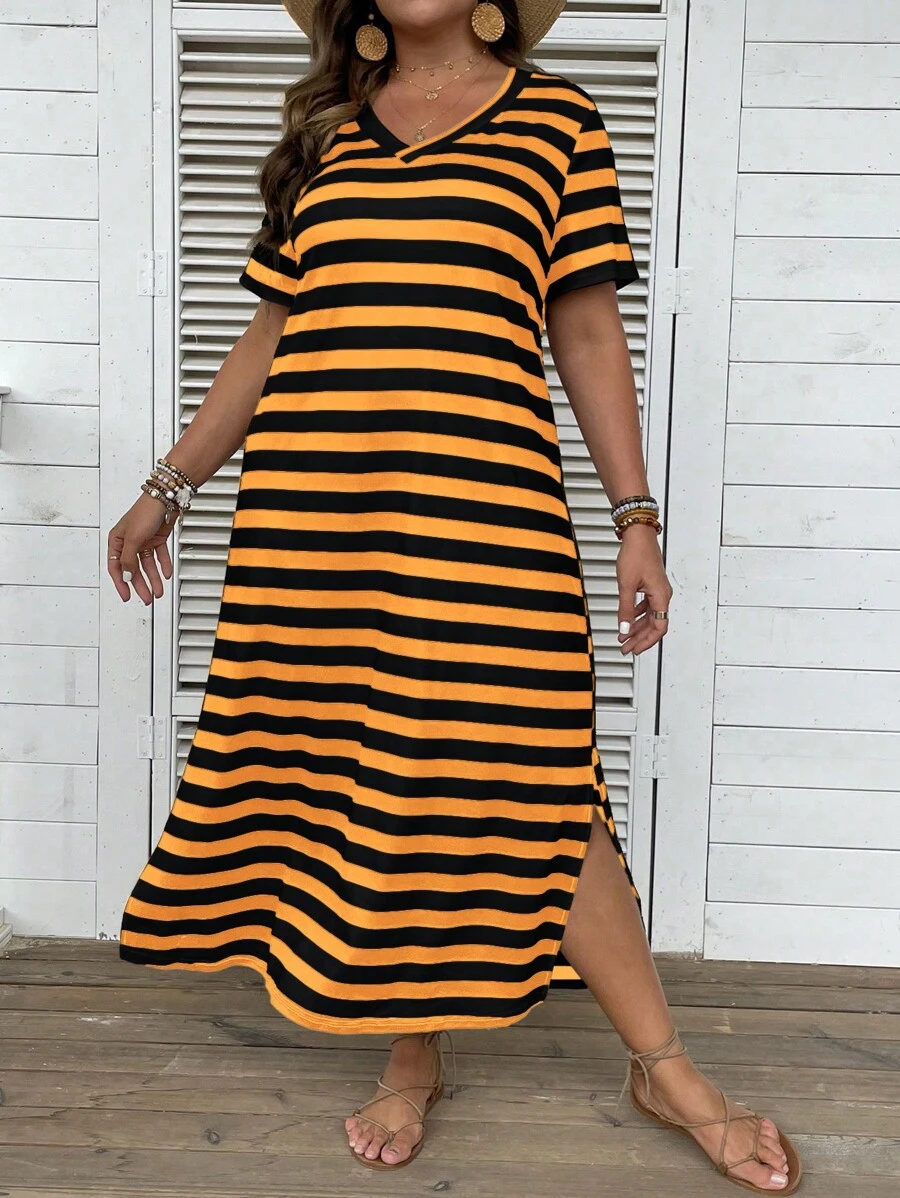 SHEIN LUNE Plus Striped Print Split Hem Tee Dress - Orange - View 1