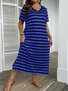 SHEIN LUNE Plus Striped Print Split Hem Tee Dress - Blue - View 5
