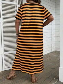 SHEIN LUNE Plus Striped Print Split Hem Tee Dress - Orange - View 2
