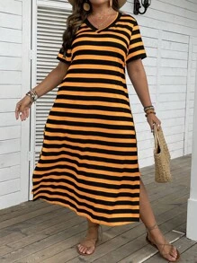 SHEIN LUNE Plus Striped Print Split Hem Tee Dress - Orange - View 3