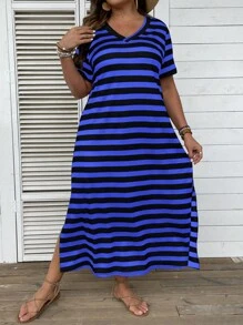 SHEIN LUNE Plus Striped Print Split Hem Tee Dress - Blue - View 7