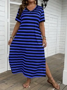 SHEIN LUNE Plus Striped Print Split Hem Tee Dress - Blue - View 8