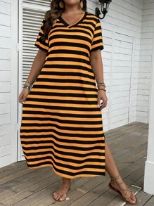 SHEIN LUNE Plus Striped Print Split Hem Tee Dress - Orange - View 7