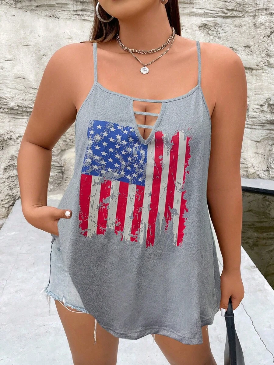 SHEIN LUNE 大碼美式印花鏤空吊帶上衣 - 淺灰色 - 查看 1