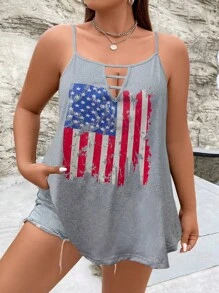 SHEIN LUNE 大碼美式印花鏤空吊帶上衣 - 淺灰色 - 查看 3