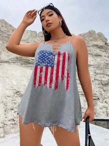 SHEIN LUNE 大碼美式印花鏤空吊帶上衣 - 淺灰色 - 查看 4