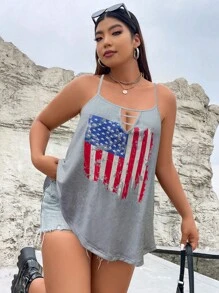 SHEIN LUNE 大碼美式印花鏤空吊帶上衣 - 淺灰色 - 查看 5