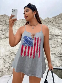 SHEIN LUNE 大碼美式印花鏤空吊帶上衣 - 淺灰色 - 查看 6