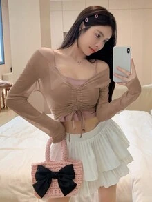 DAZY 素色前抽繩短款上衣 - 棕色 - 查看 5