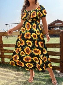 Breezaya Plus Size Boho Sunflower Print Knot Front Puff Sleeve Dress, For Summer - Multicolor - View 1