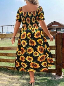 Breezaya Plus Size Boho Sunflower Print Knot Front Puff Sleeve Dress, For Summer - Multicolor - View 2