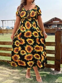 Breezaya Plus Size Boho Sunflower Print Knot Front Puff Sleeve Dress, For Summer - Multicolor - View 3