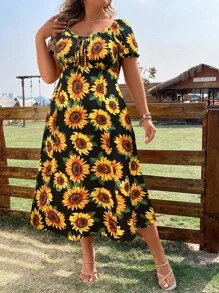Breezaya Plus Size Boho Sunflower Print Knot Front Puff Sleeve Dress, For Summer - Multicolor - View 4