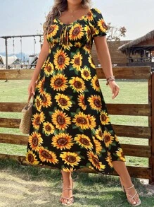 Breezaya Plus Size Boho Sunflower Print Knot Front Puff Sleeve Dress, For Summer - Multicolor - View 5