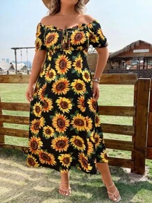 Breezaya Plus Size Boho Sunflower Print Knot Front Puff Sleeve Dress, For Summer - Multicolor - View 6