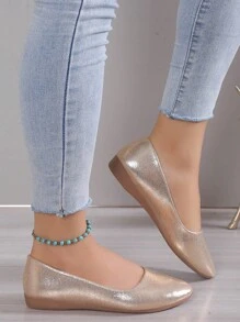 Fall/Winter Women's Versatile Gold Flat Slip-On Shoes, Breathable Textile Casual Commute Work Sneakers