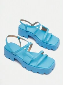 Cuccoo 時尚藍色的露跟防水台涼鞋適合女士,針腳細節涼鞋