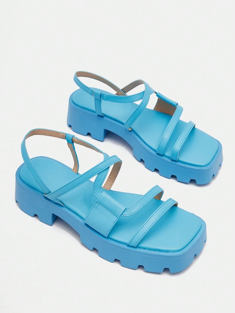 Cuccoo 時尚藍色的露跟防水台涼鞋適合女士,針腳細節涼鞋