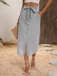 SHEIN LUNE In sọc Nút phía trước Thắt lưng Váy - màu đen - Xem 3