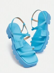 Cuccoo 時尚藍色的露跟防水台涼鞋適合女士,針腳細節涼鞋