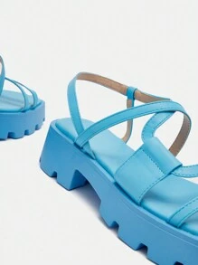 Cuccoo 時尚藍色的露跟防水台涼鞋適合女士,針腳細節涼鞋