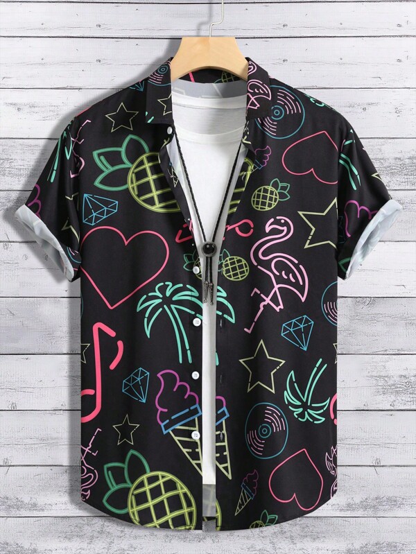 Manfinity EMRG Cămașă cu imprimeu tropical cu inimă pentru bărbați, fără tricou, cămașă casual colorată cu mânecă scurtă cu nasturi, cadou pentru iubit