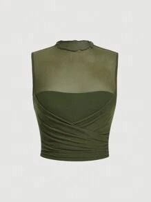 SHEIN MOD Áo ba lỗ lưới nhún viền rau diếp Plus - xanh quân đội - Xem 1