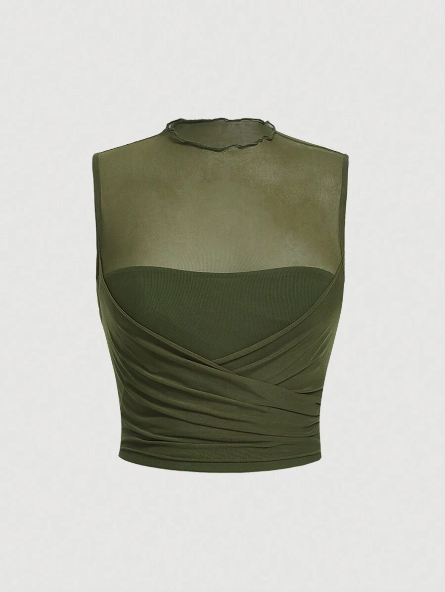 SHEIN MOD Áo ba lỗ lưới nhún viền rau diếp Plus - xanh quân đội - Xem 1