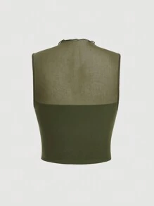 SHEIN MOD Áo ba lỗ lưới nhún viền rau diếp Plus - xanh quân đội - Xem 2