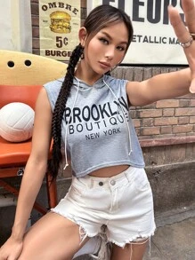 SHEIN Unity Áo nỉ có mũ trùm đầu không tay in chữ có dây rút dành cho nữ - Màu Xám nhạt - Xem 1