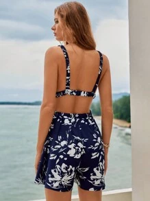 SHEIN VCAY 印花腰部鏤空吊帶連體短褲 - 藍白色 - 查看 1