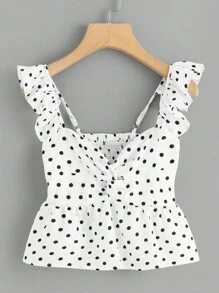 SHEIN Frenchy Twist Front Shirred Dot Peplum Sun Top - Black and White - View 1