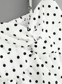 SHEIN Frenchy Twist Front Shirred Dot Peplum Sun Top - Black and White - View 4