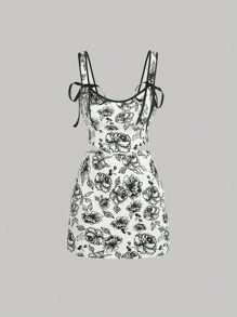 SHEIN MOD Allover Floral Print Tie Shoulder Wide Straps Top & Skirt - Black and White - View 1