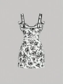 SHEIN MOD Allover Floral Print Tie Shoulder Wide Straps Top & Skirt - Black and White - View 2