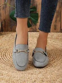 2025 Autumn Women Metal Decor Flats, Elegant Grey Faux Suede Loafer Flats For Outdoor - Grey - View 5